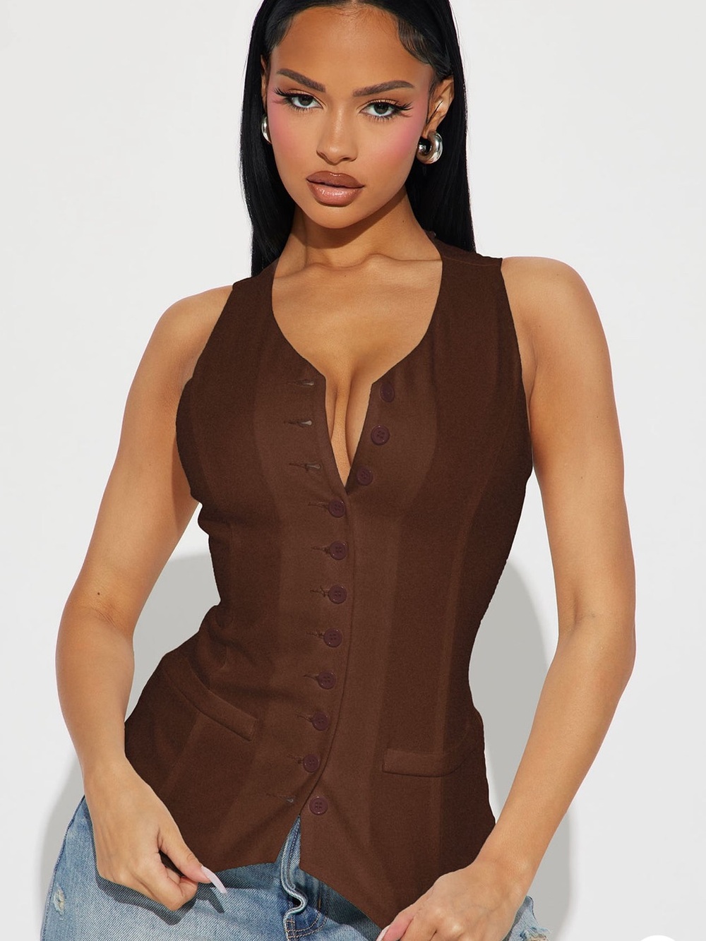 Sleeveless Brown Button-Front Vest Top